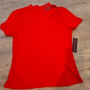 NWT Casual Chic Womens Red Ribbed Women Top With‎ Buckled Cut Out Size Small